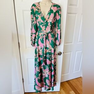 Boston Proper Floral Green and Pink Wrap Dress